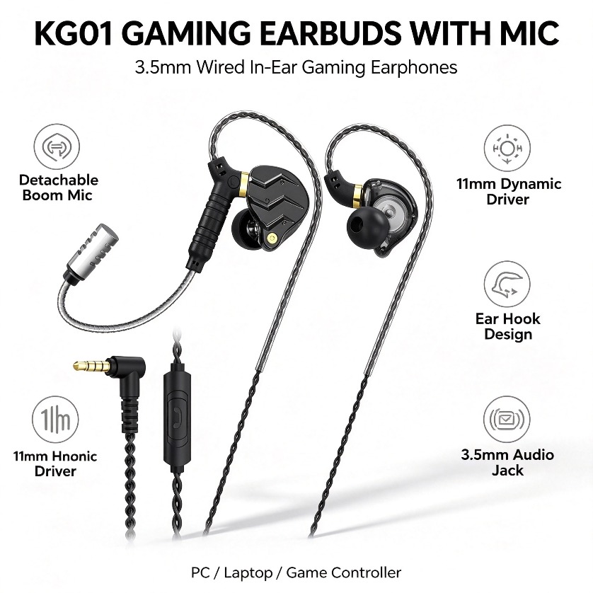 Pc Gaming Earphones - Kopfhörer mit Mikrofon, kabelgebunden, Gaming, abnehmbares